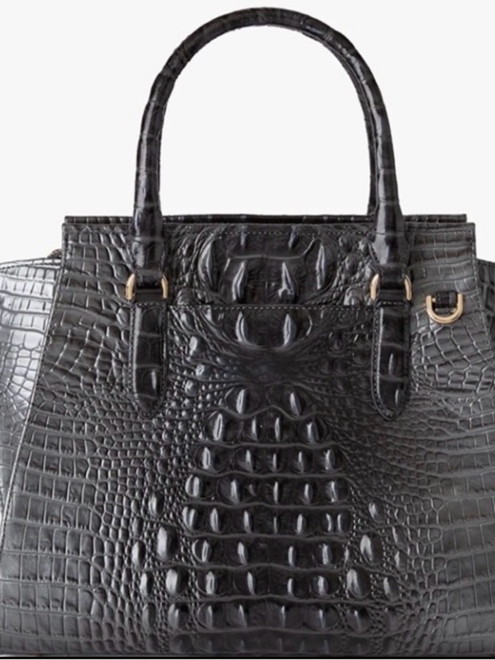 Brahmin Black Croc-Embossed Satchel with Gold Hardware